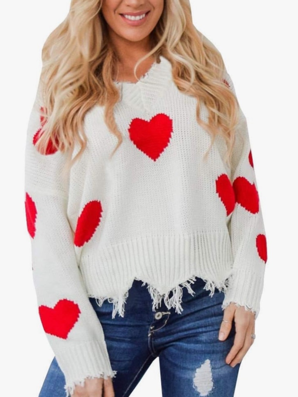 Main Strip White Distressed Sweater with Red Heart Pattern